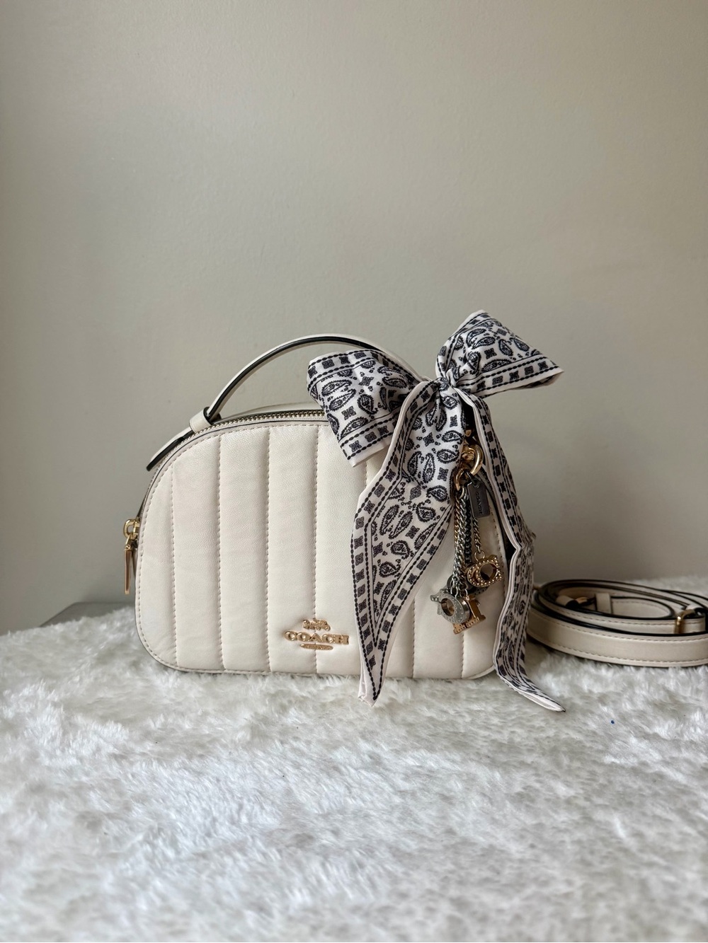 Coach Serena bag With Linear Quilting, Coach charm and scarf